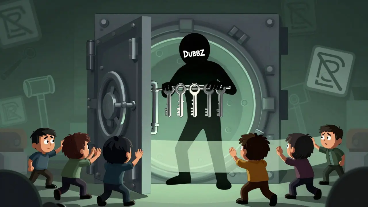 Shadowy figure controlling a locked vault while investors struggle