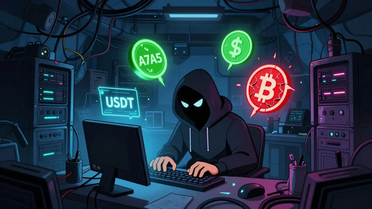 Shadowy figure managing A7A5 tokens in a secret server room