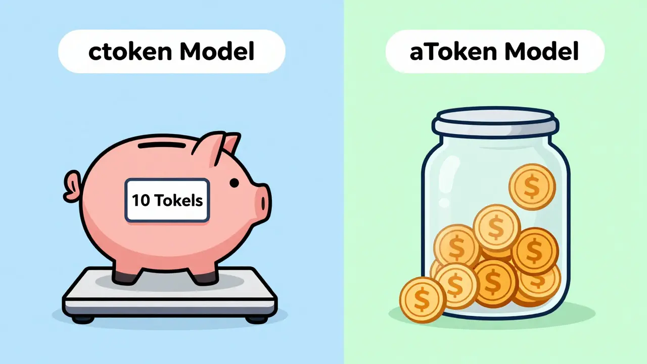 Side-by-side cartoon comparison of cToken growth versus aToken quantity increase.