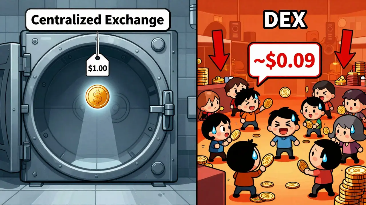 Split cartoon showing empty .00 exchange vs chaotic <h2>How to Buy and Trade Diment Dollar</h2>.09 DEX trading.