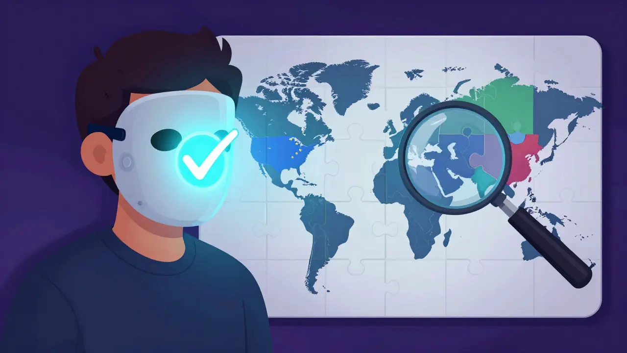 User with privacy mask and fragmented world map showing regulations