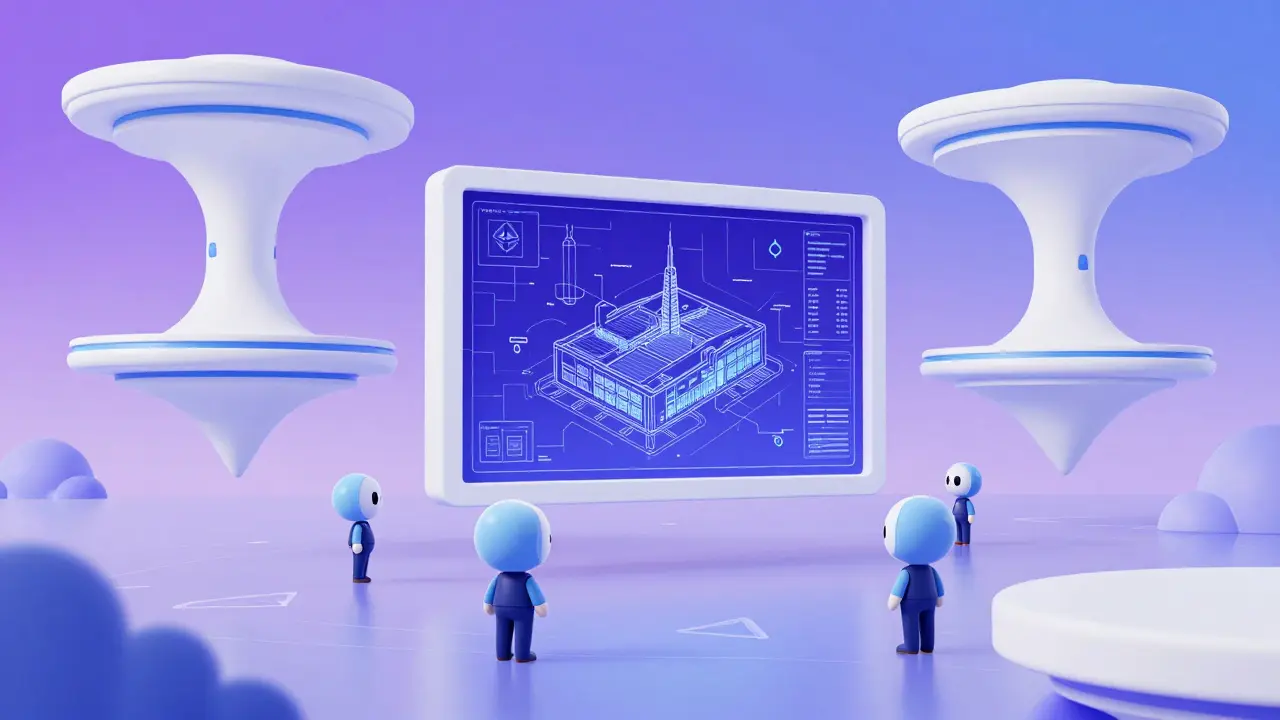 Virtual gallery displaying digital architectural blueprints as NFTs