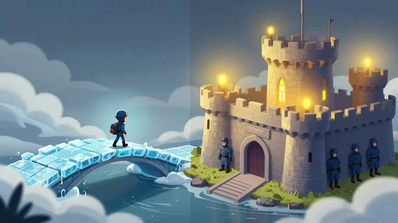 A cartoon character cautiously crossing a fragile ice bridge toward a sturdy, lit-up castle fortress