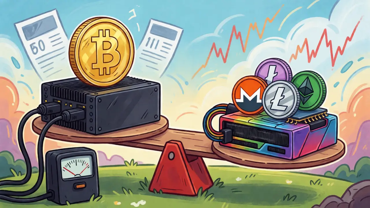 Balance scale weighing heavy Bitcoin ASICs against flexible, low-cost altcoin mining rigs.