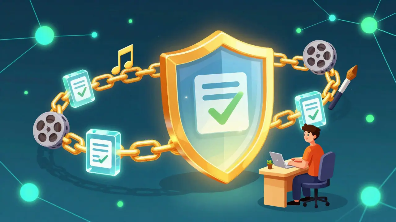 Blockchain chain protecting digital assets in cartoon style