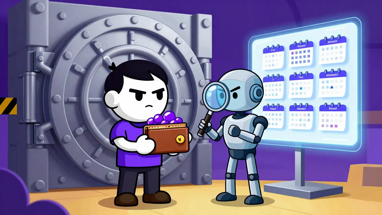 Cartoon character having their crypto wallet inspected by a robot guard with a checklist