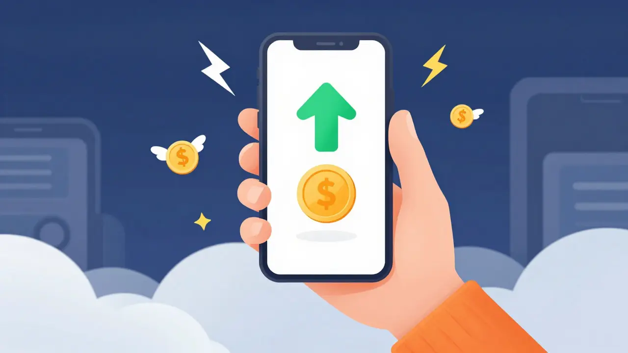 Cartoon character using a mobile app for crypto trading with symbols of speed and low cost