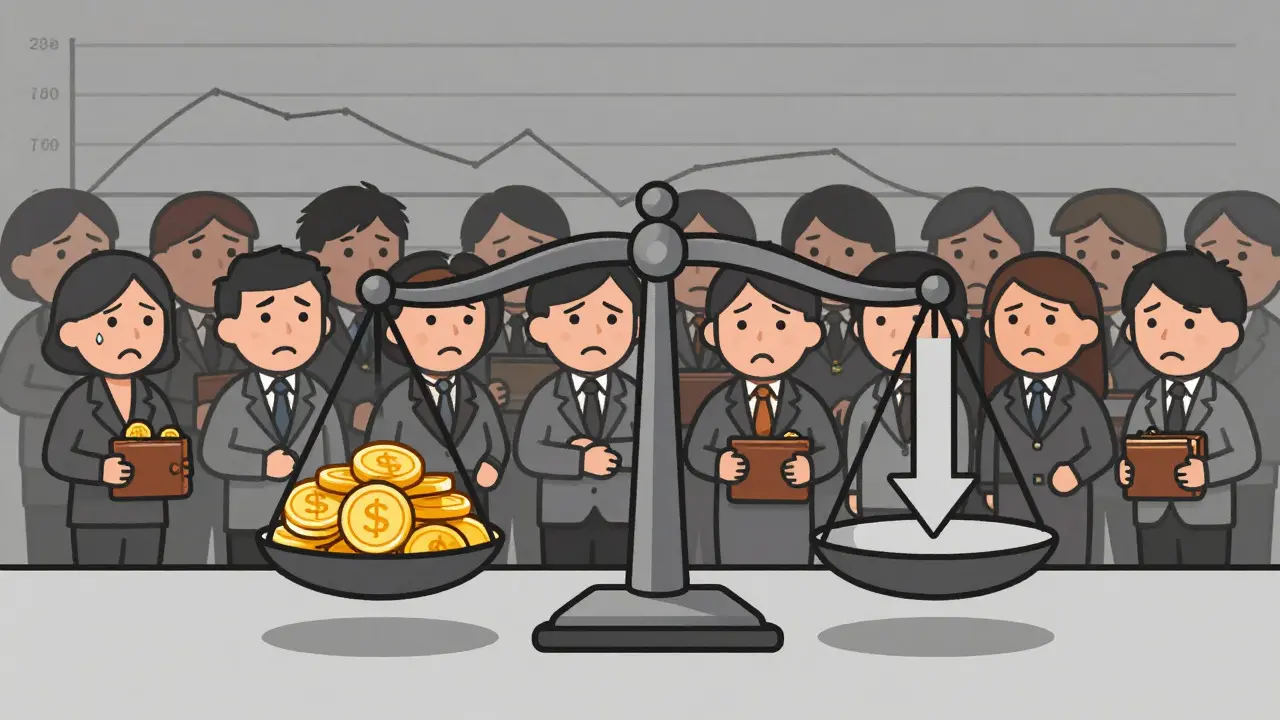Cartoon characters looking worried at an empty trading scale and flat graph line representing low liquidity