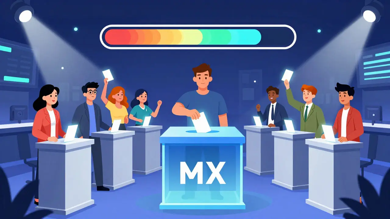Cartoon characters voting in MEXC Kickstarter campaign hall
