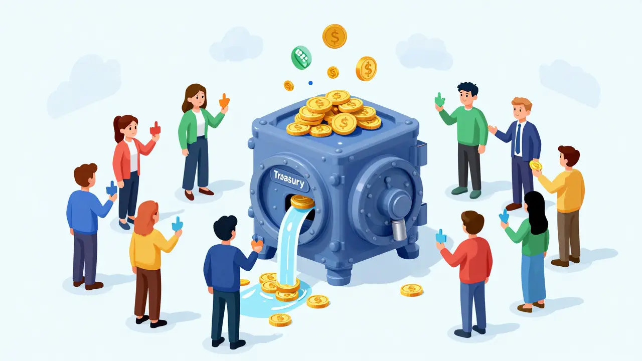 Cartoon community members staking INSUR tokens into a secure treasury vault