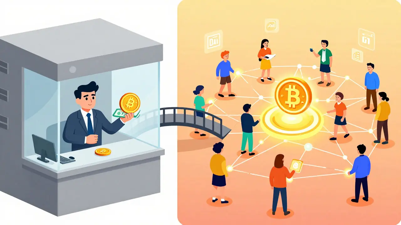 Cartoon comparing centralized banks vs decentralized crypto networks