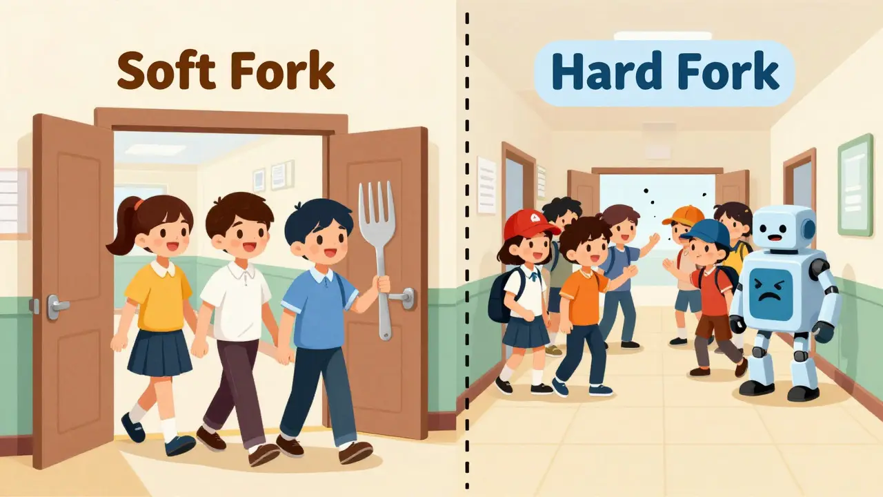 Cartoon comparing soft fork unity vs hard fork split