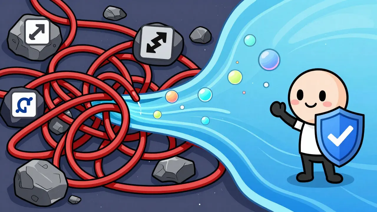 Cartoon comparison of chaotic high-cost trading versus smooth, secure low-fee blockchain transactions