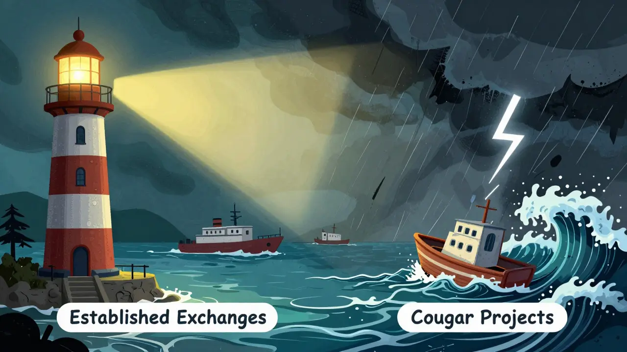 Cartoon comparison of safe established exchanges versus risky Cougar projects in a storm.