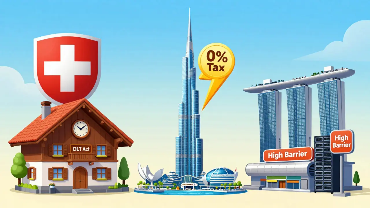 Cartoon comparison of Swiss, UAE, and Singapore crypto hubs