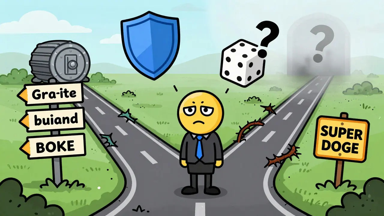 Cartoon depicting confusion and risk between two similar crypto tokens