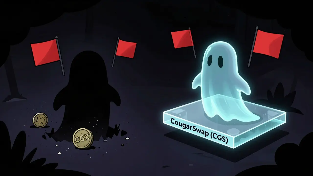 Cartoon depiction of shadowy crypto tokens CGX and CGS with red flags indicating risk.