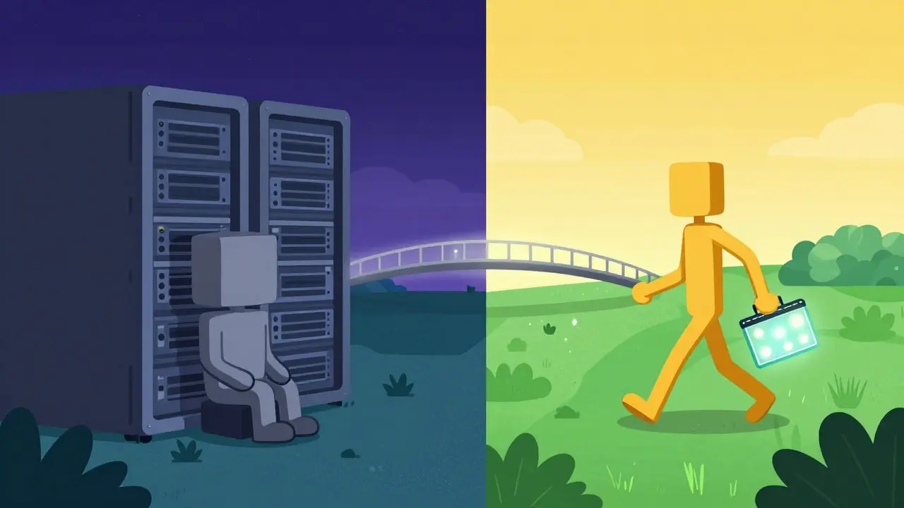 Cartoon figure walking freely in a digital landscape with a glowing wallet
