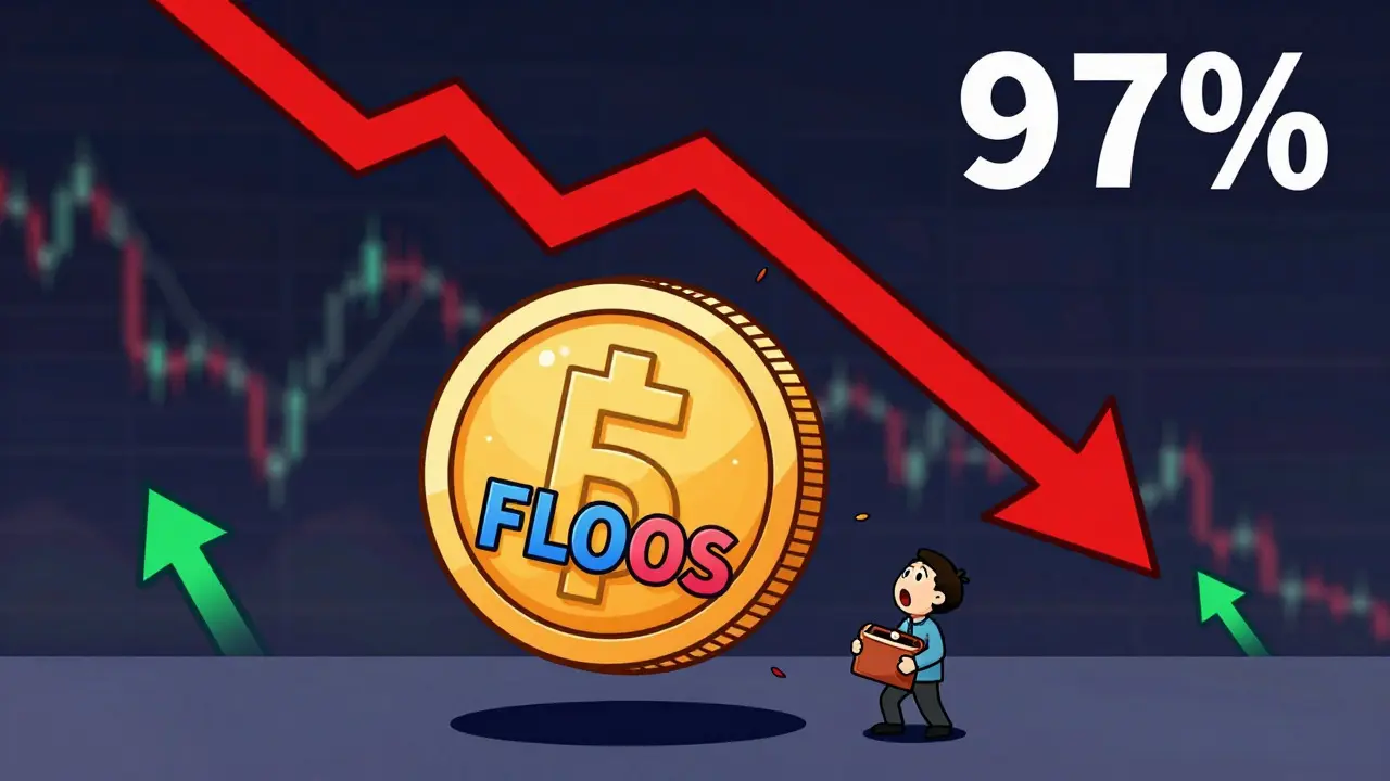 Cartoon of a crypto coin crashing down with a steep red arrow indicating price drop.