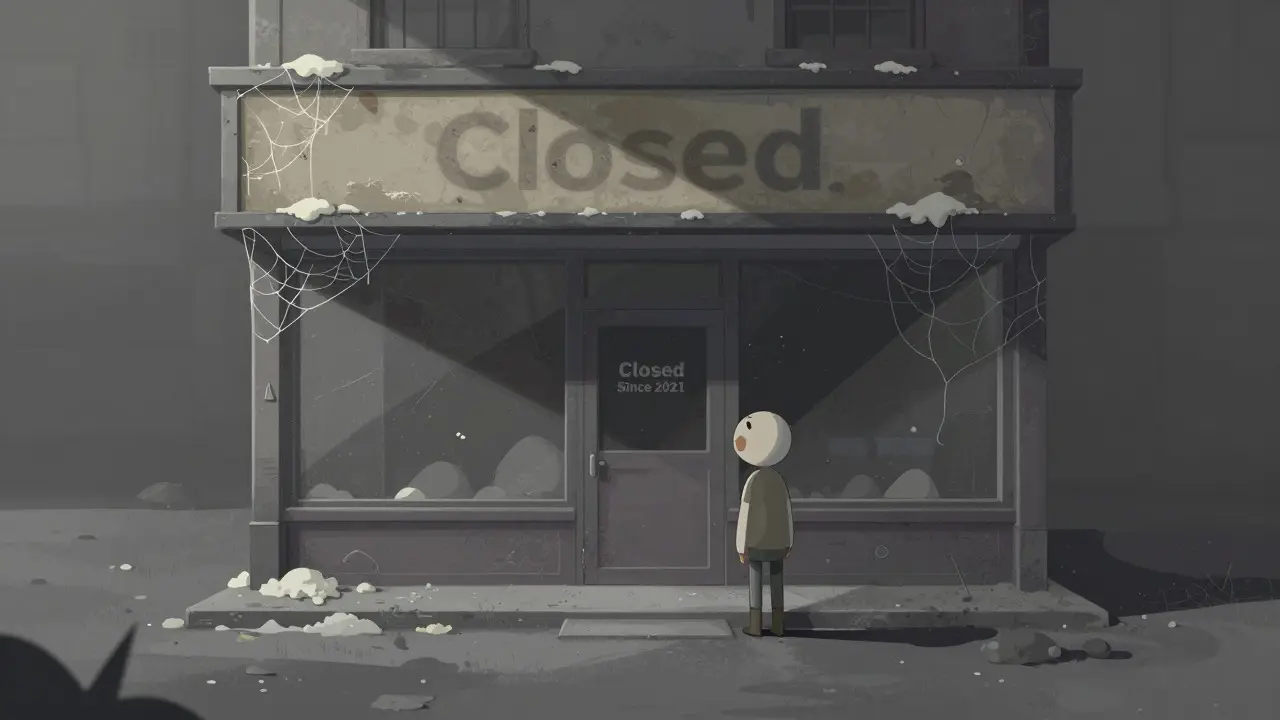 Cartoon of a dusty, abandoned digital shop representing a dormant crypto project.