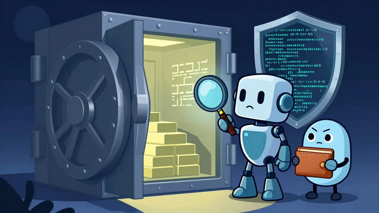 Cartoon robot guarding a secure digital vault representing decentralized asset safety