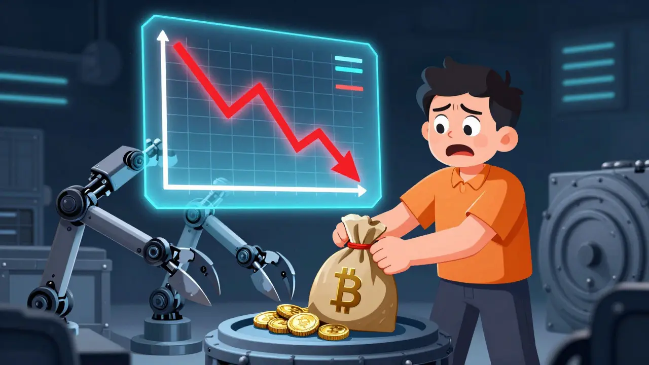Cartoon showing automated liquidation bots seizing collateral when values drop