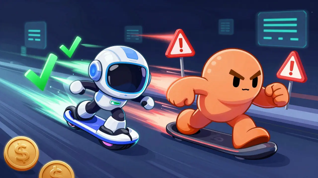 Cartoon showing Curve protocol outspeeding competitors in fast stablecoin swaps
