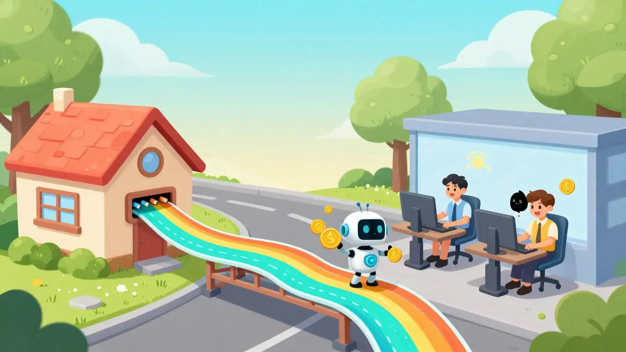Cartoon showing houses trading excess internet bandwidth with neighbors