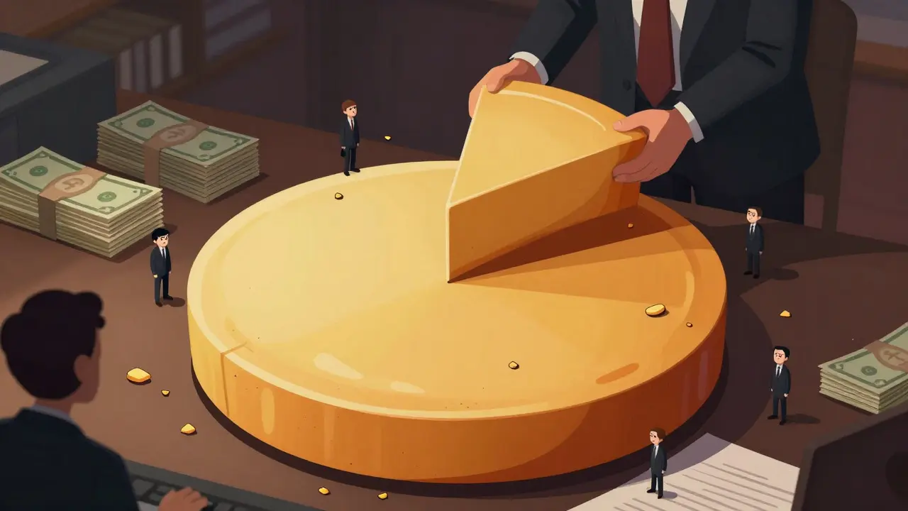 Cartoon showing unequal token distribution with a large slice taken by insiders.