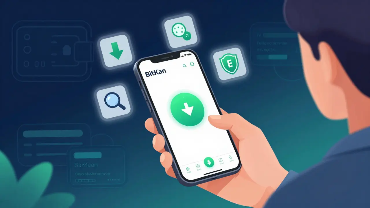Cartoon user using BitKan app for fees and security features