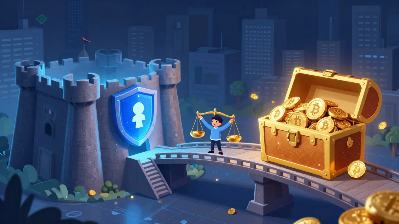 Character balancing a secure fortress against an open bridge to crypto assets