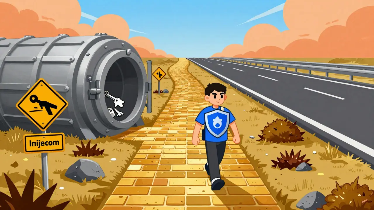 Character navigating a risky narrow path versus a safe wide highway in crypto trading