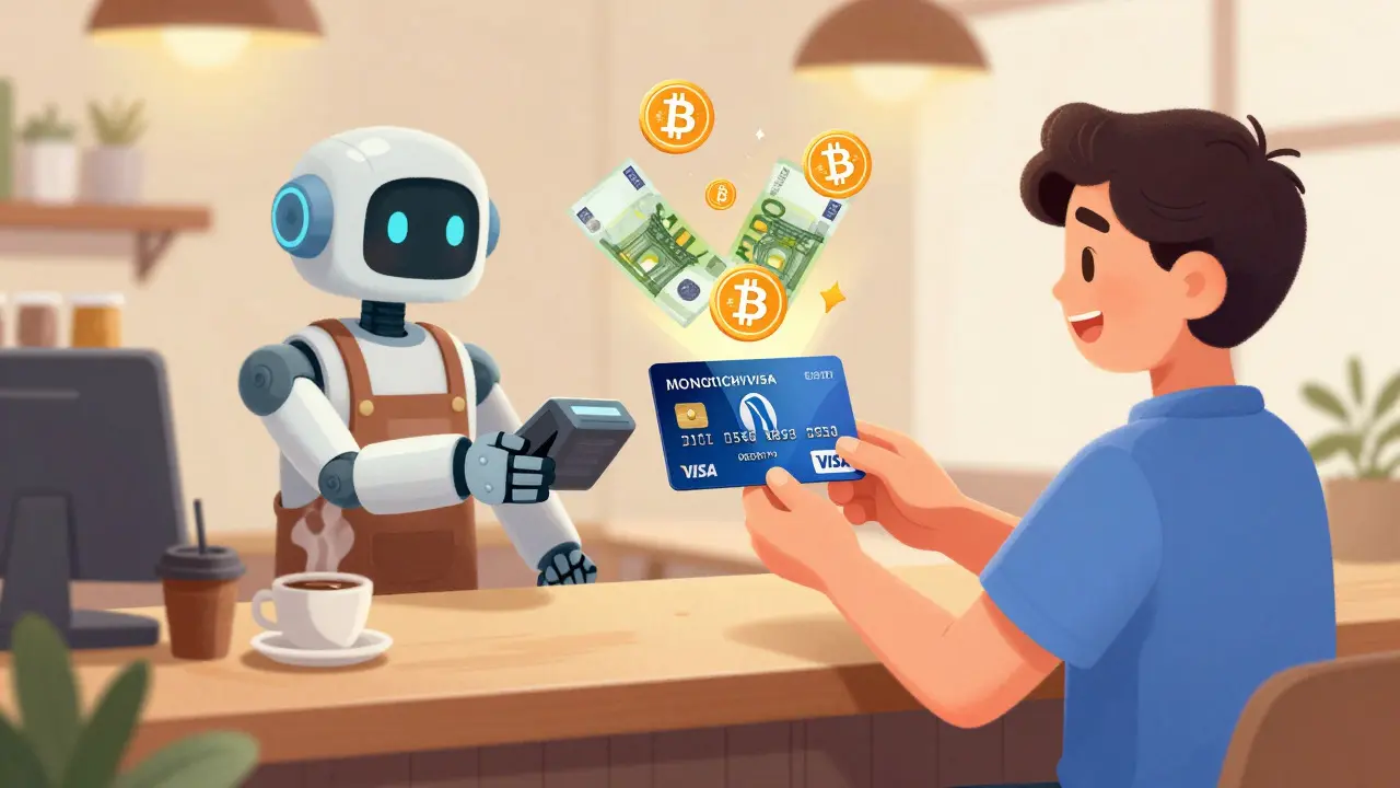 Character paying for coffee with a crypto-enabled Visa card.