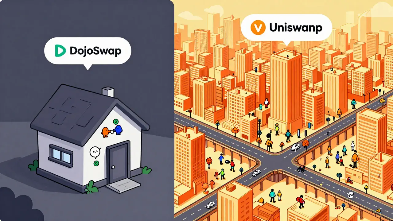 Comparison of a small single-door house versus a large bustling city illustrating DEX scale differences