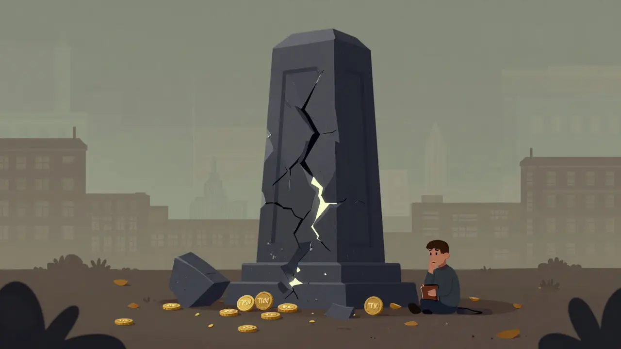 Cracked monolith with scattered tokens marking the project shutdown.