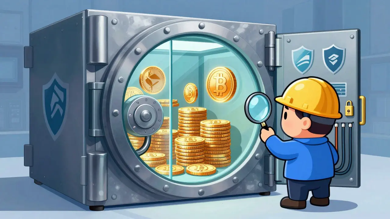 Cross-section of a secure vault containing digital coins inspected by a worker