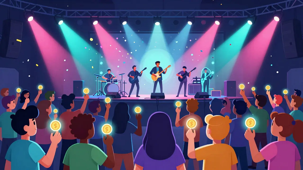 Crowd of cartoon avatars attending a virtual concert with glowing tokens