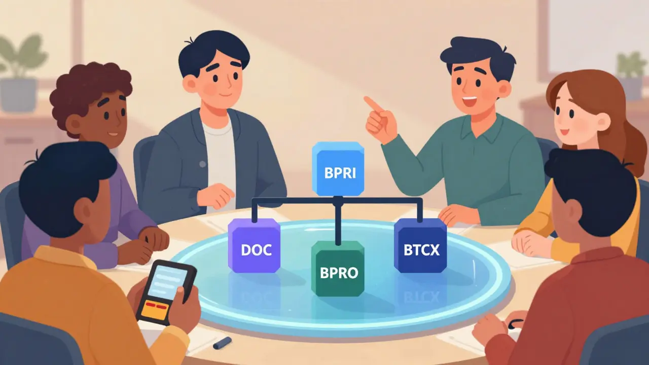 Crypto users examining DOC token ecosystem blocks together