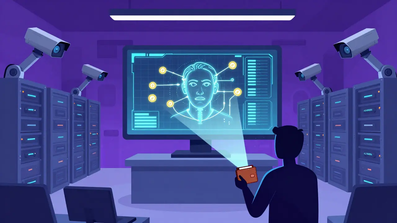 Futuristic cartoon scene of a government control room scanning a person's biometrics