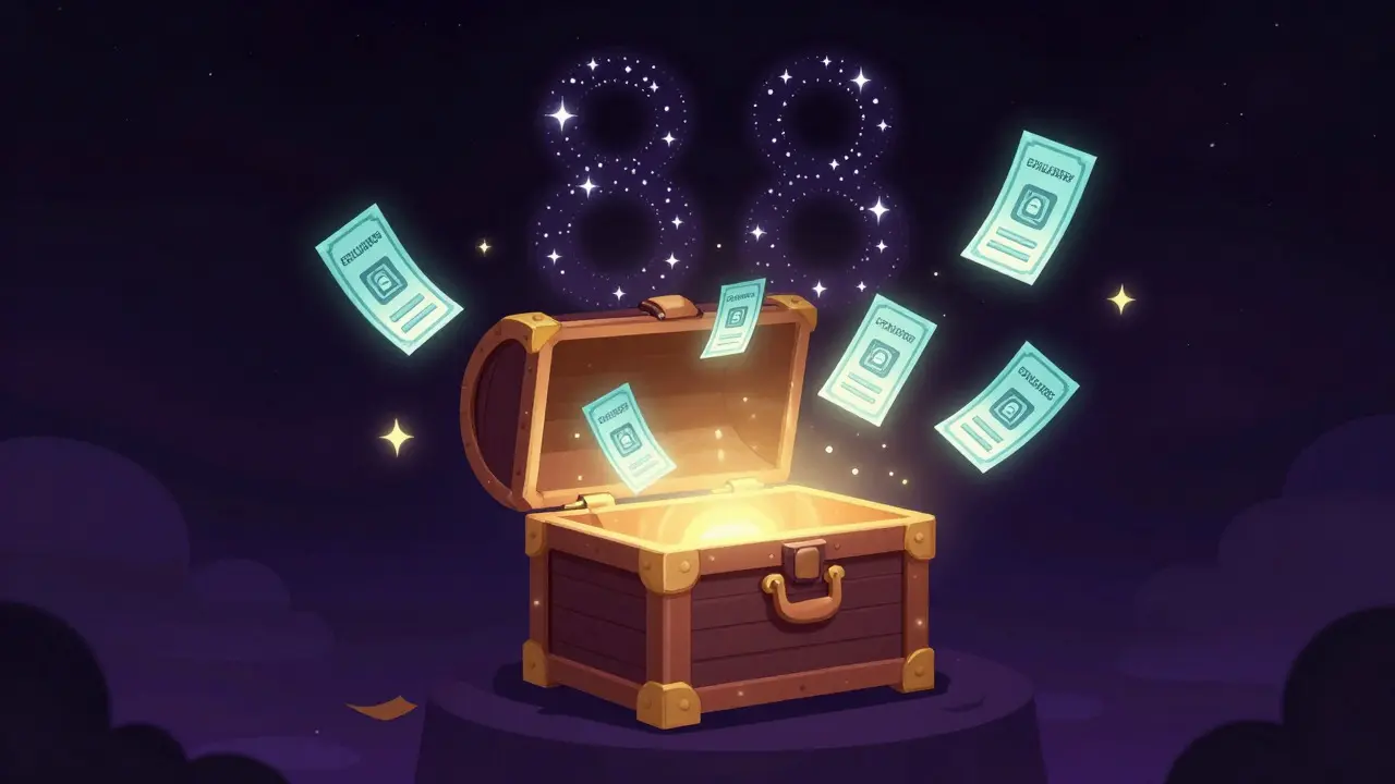 Glowing treasure chest with swirling NFT cards in space