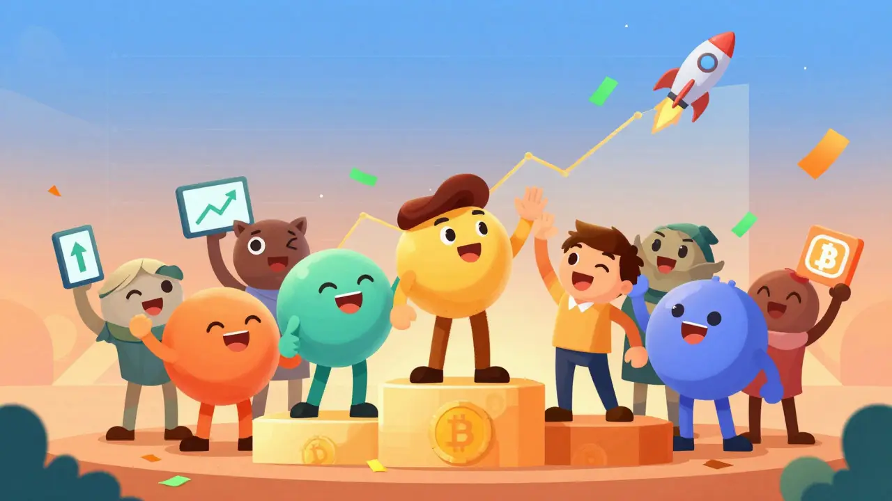Happy cartoon crowd celebrating on a podium with confetti and rising market charts