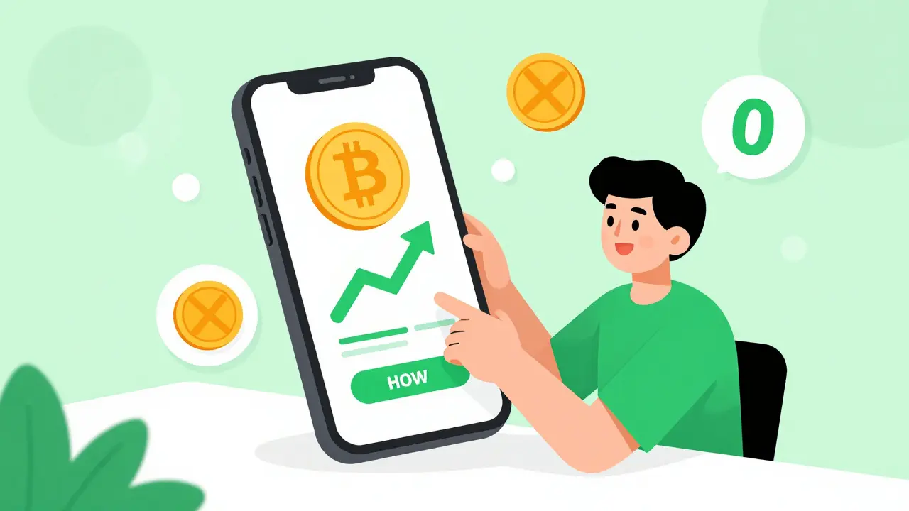 Happy user using a mobile app with zero-fee symbols floating around them