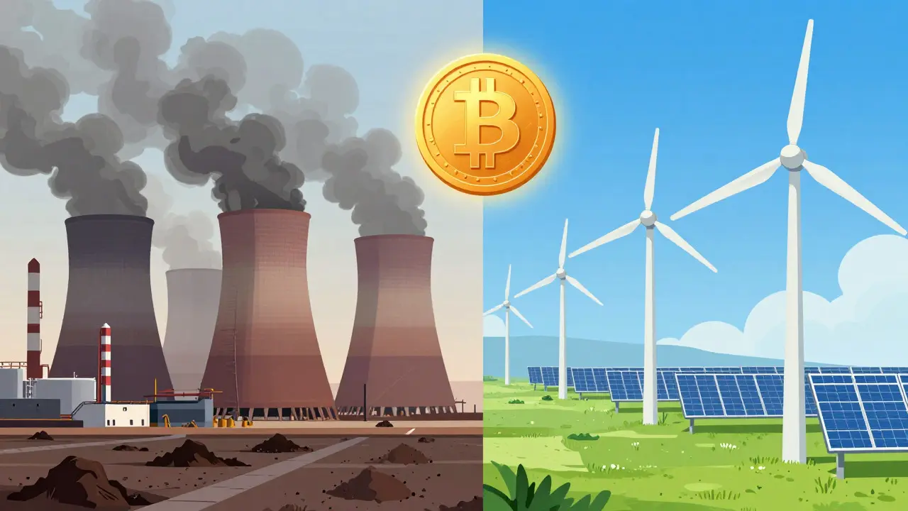 Illustration comparing coal power in Kazakhstan and renewables in Texas