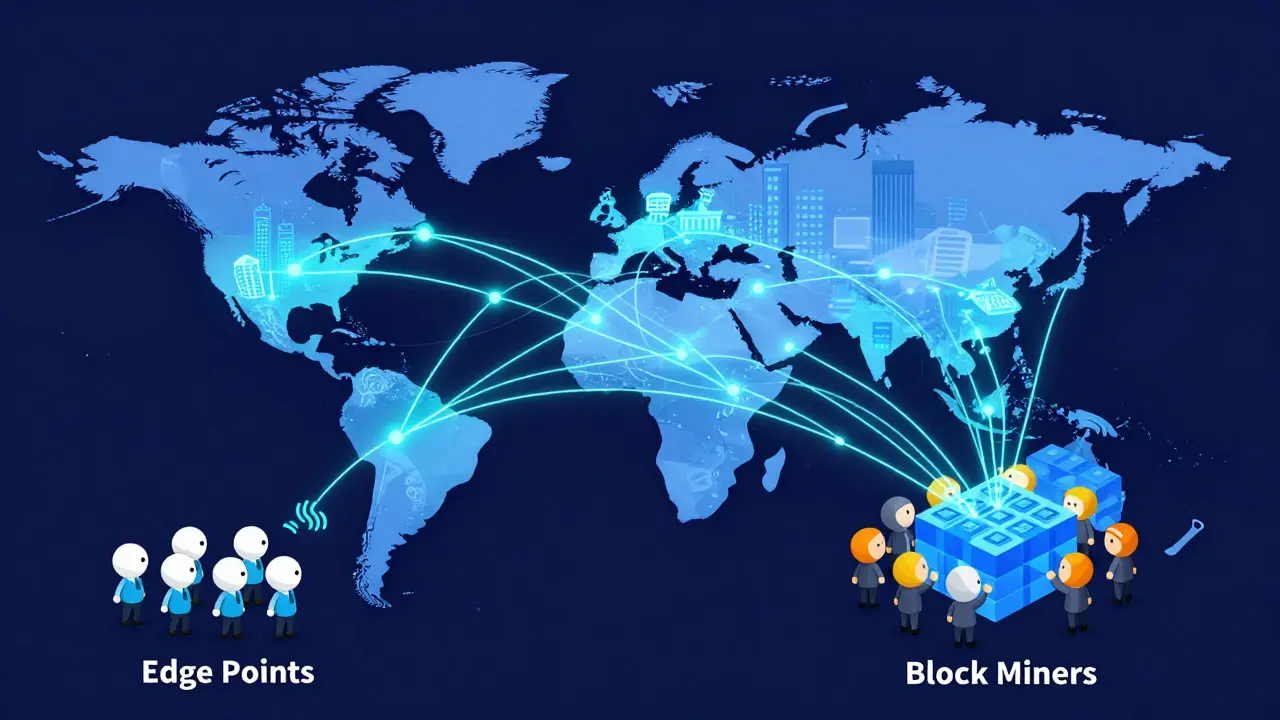 Illustration of a global network with Edge Points and Block Miners exchanging data