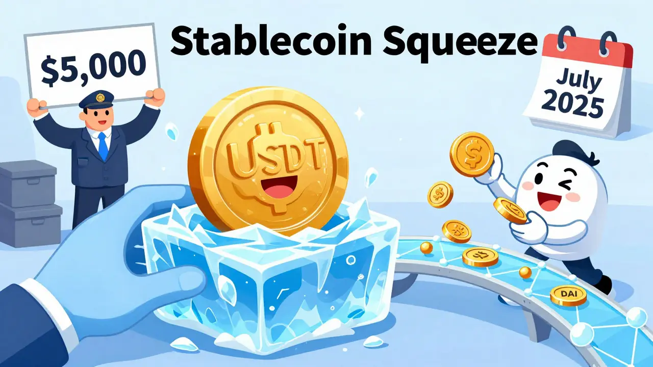 Illustration of USDT coins freezing while traders switch to DAI stablecoins.