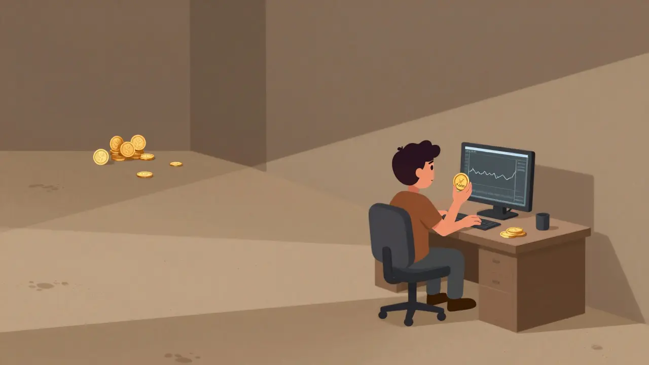 Lonely trader in an empty room illustrating low liquidity and lack of interest.