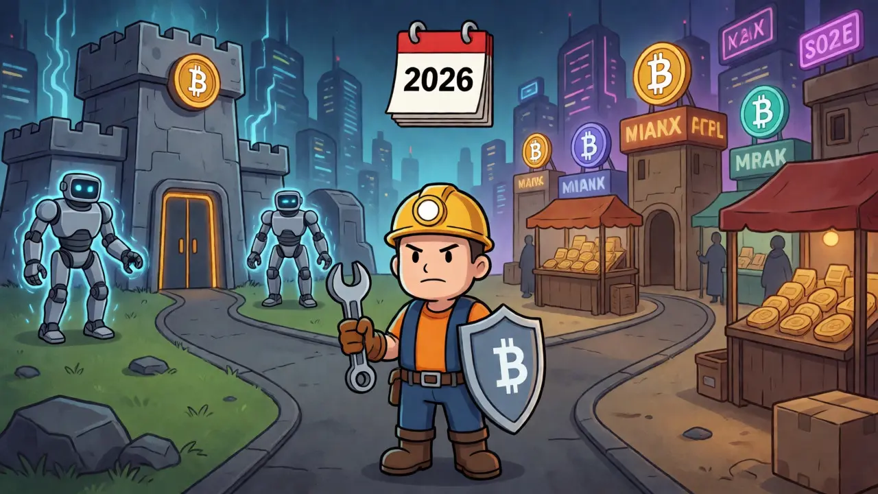 Miner choosing between a stable Bitcoin vault and a volatile altcoin marketplace in 2026.