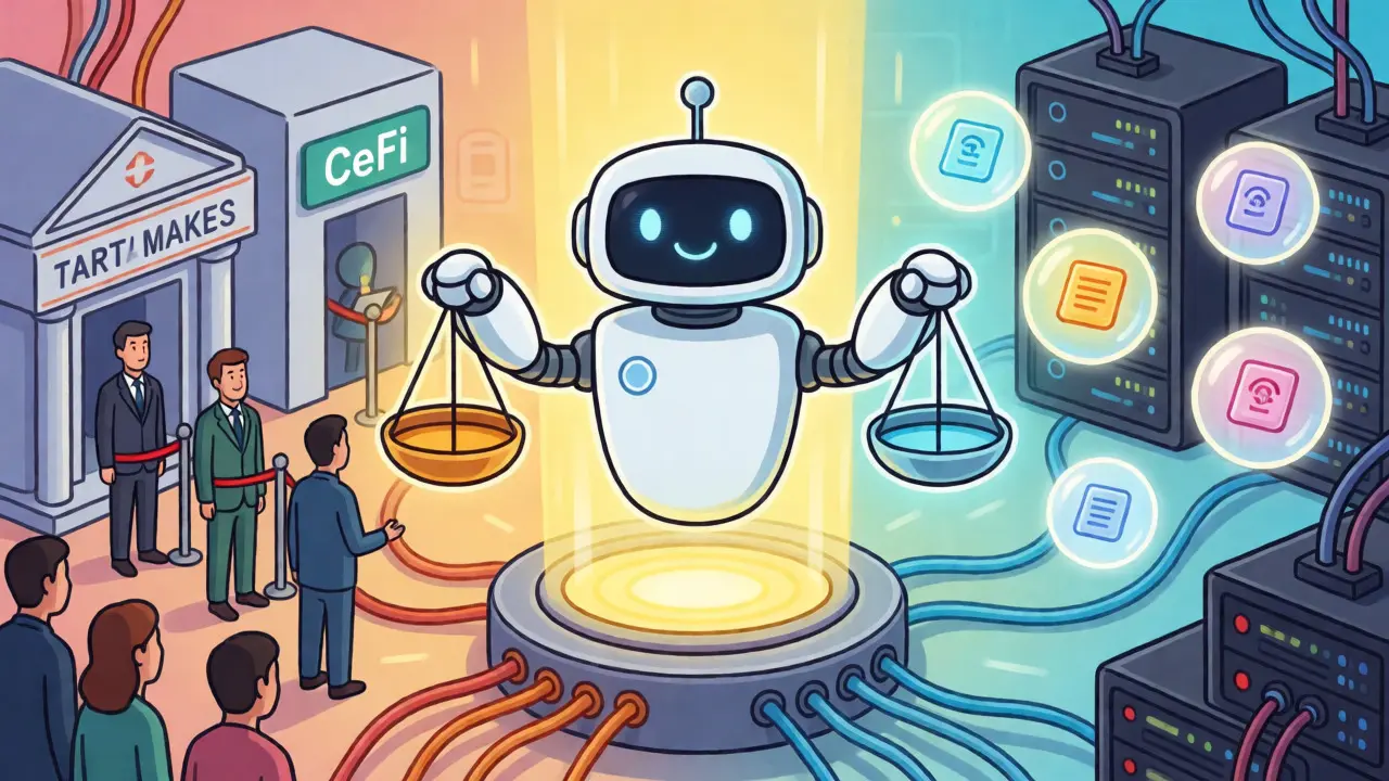 Robot bridging CeFi and DeFi worlds illustrating vAMM tech