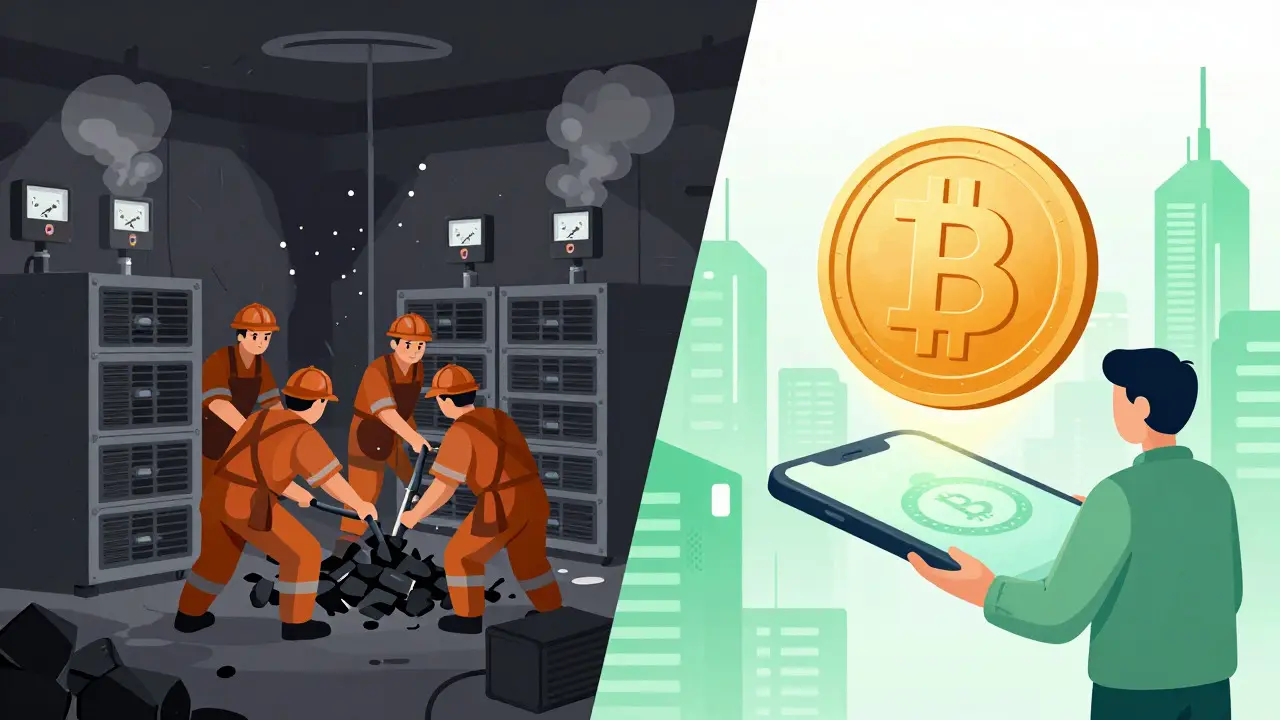 Split cartoon showing chaotic coal-powered mining versus a clean digital yuan city