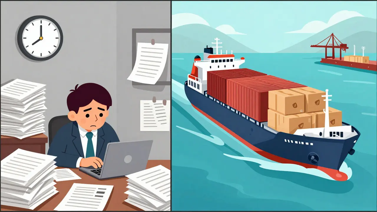 Split image showing bureaucratic paperwork on one side and international shipping on the other